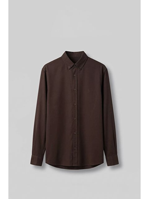 Abluka Online Erkek Relaxed Minimal Nakışlı Basic Lyocell Gömlek Kahverengi