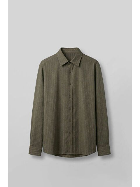 Abluka Online Erkek Oversize Çizgili Keten Karışımlı Gömlek Haki