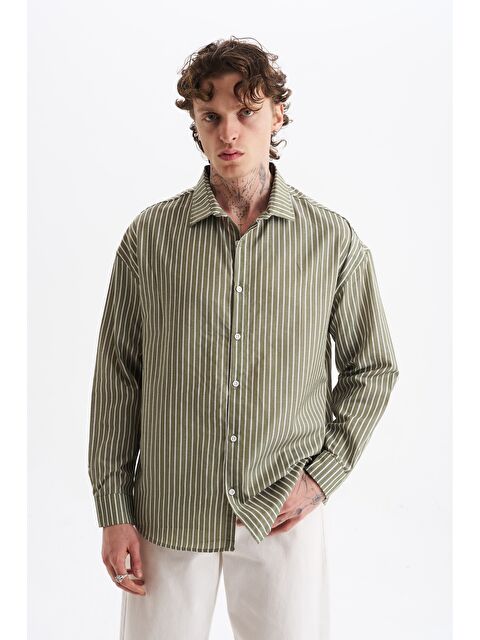 Danger Erkek %100 Pamuklu Çizgili Gömlek Yeşil - S000522430-18194