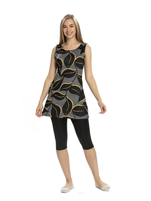 Hazelin Kadın Siyah Yaprak Desen Kolsuz Yarı Kapalı Taytlı Mayo HZL25S-AR152/506 - S000368403-19351