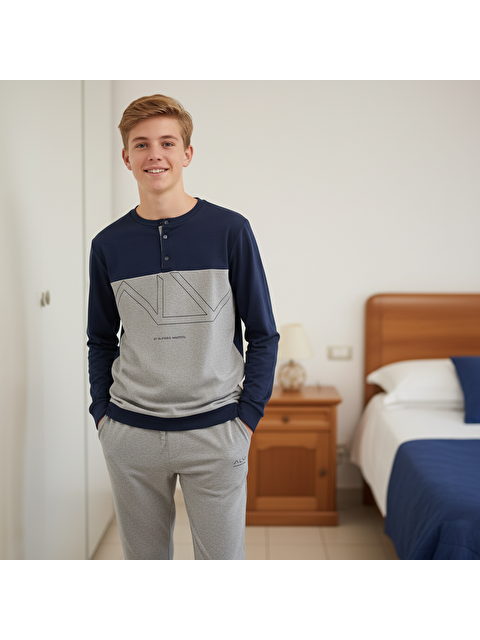 Bonbon Genç Erkek Pamuklu Lacivert - Gri Renk Pijama Takımı Al008 V1 Bb2438