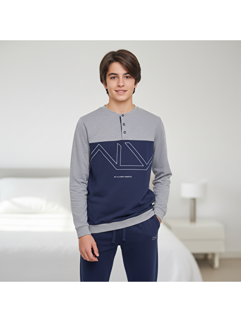 Bonbon Genç Erkek Pamuklu Gri - Lacivert Renk Pijama Takımı Al008 V2 Bb2439