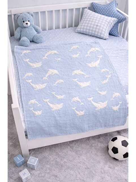 Mulberry Çift Taraflı Müslin Bebek Battaniyesi Yunus Desenli Yumuşak Nefes Alan Battaniye 100x130