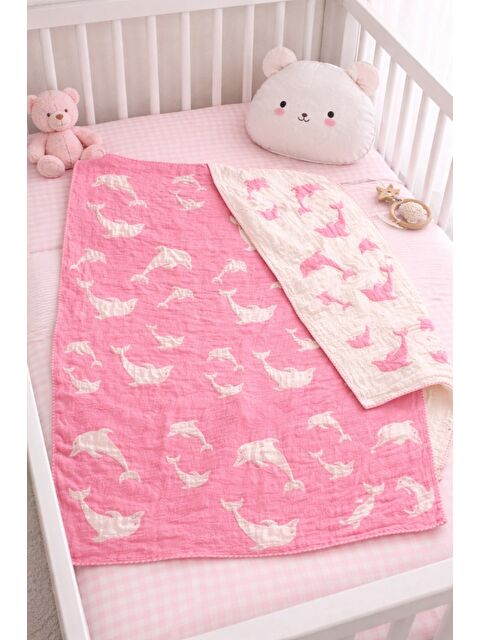 Mulberry Çift Taraflı Müslin Bebek Battaniyesi Yunus Desenli Yumuşak Nefes Alan Battaniye 100x130