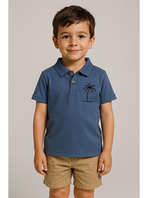 Luess Erkek Çocuk Palmiye Nakışlı Polo Yaka Tişört (3-4 Yaş 8-9 Yaş) - S000372366-21164