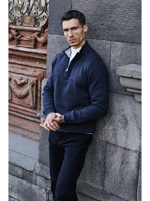 JAKAMEN İndigo Slim Fit Fermuarlı Triko Kazak - S000492820-23093