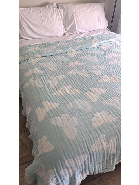 Mulberry Kelebek Desen 4 Katlı Müslin Pike Yatak Örtüsü Battal Boy 240x260 cm