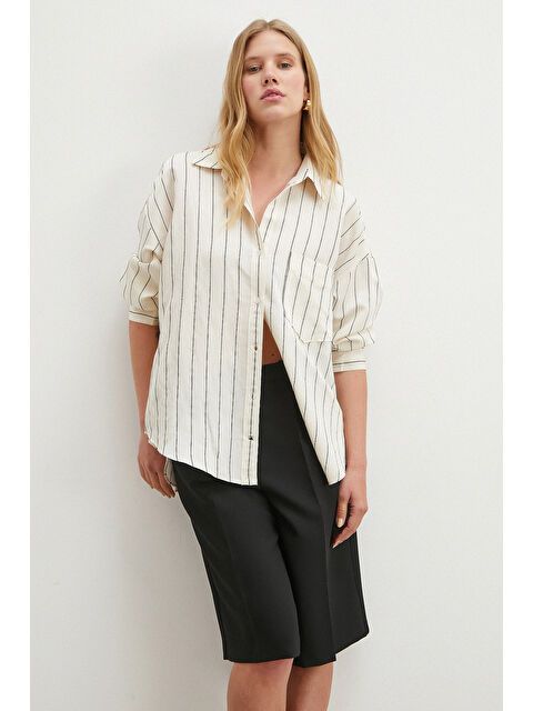 Never More Kontrast Çizgili Gömlek Siyah