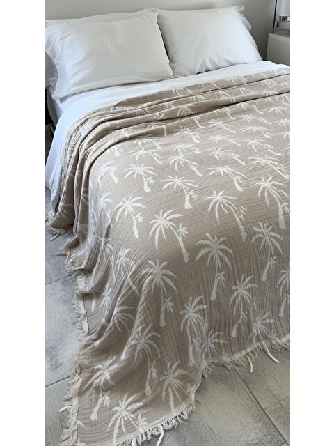 Mulberry Palmiye Desen 4 Katlı Müslin Pike Yatak Örtüsü Battal Boy 240x260 cm