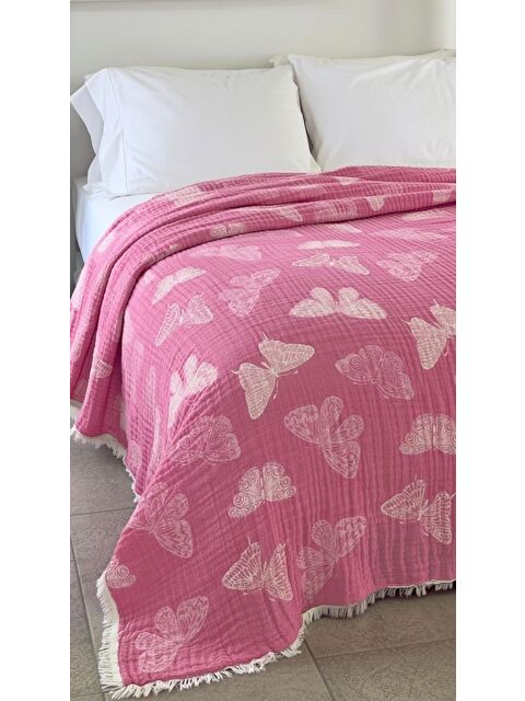 Mulberry Kelebek Desen 4 Katlı Müslin Pike Yatak Örtüsü Battal Boy 240x260 cm