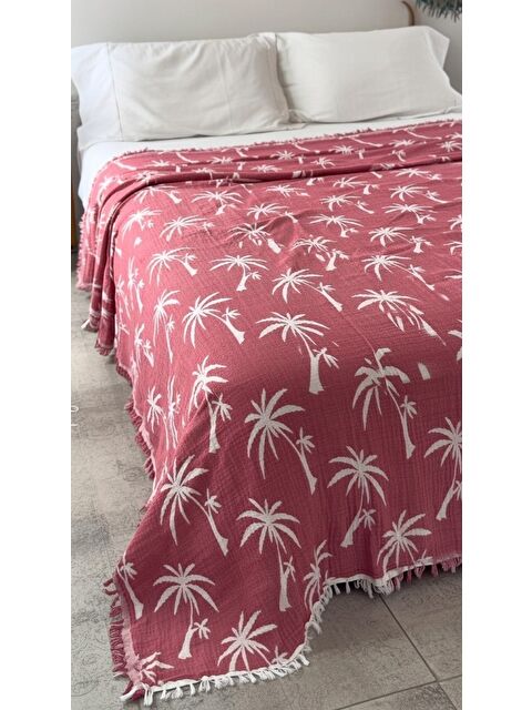 Mulberry Palmiye Desen 4 Katlı Müslin Pike Yatak Örtüsü Battal Boy 240x260 cm