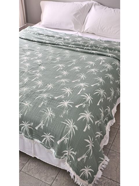 Mulberry Palmiye Desen 4 Katlı Müslin Pike Yatak Örtüsü Battal Boy 240x260 cm