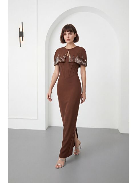 Lafaba Kadın Kahverengi Dar Kalıp Ceketli Taşlı Uzun Söz Nişan Nikah Abiye ELbise