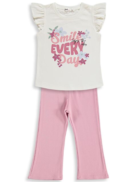 Civil Girls Smile Baskılı 2-5 Yaş Takım - Kırık Beyaz-Koyu Pembe
