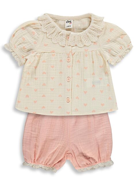 Civil Baby Yaka Dantelli Kalp Baskılı 6-18 Ay Takım - Bej