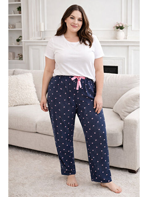 Remsa Büyük Beden Kadın Kalp Desen Viskon Kumaş Penye Battal Tek Pijama Alt 06 Lacivert