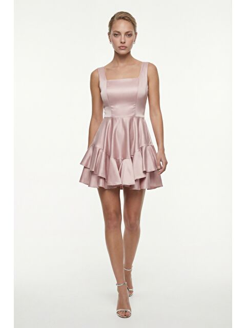 Lafaba Kadın Pudra Kare Yaka Fırfırlı Mini Saten Mezuniyet Abiye Elbise