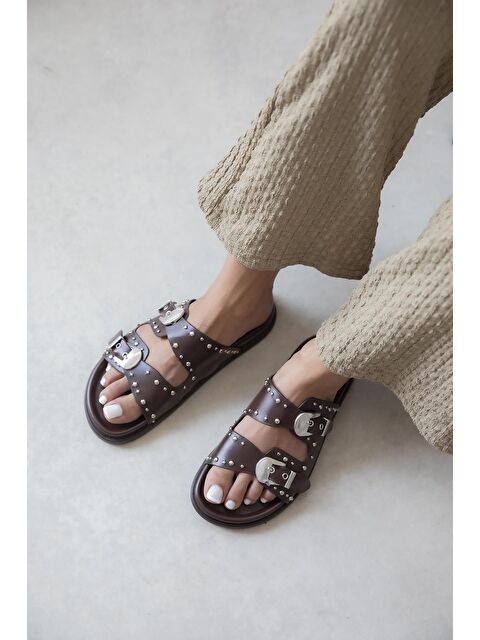 Straswans Gavi Kadın Drop Detay Günlük Konfor Deri Terlik Kahve - S000513019-19413