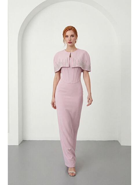 Lafaba Kadın Pudra Dar Kalıp Ceketli Taşlı Uzun Söz Nişan Nikah Abiye Elbise