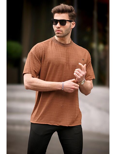 Madmext Kahverengi Oversize Bisiklet Yaka Erkek Tişört 6191 - S000157975-19413