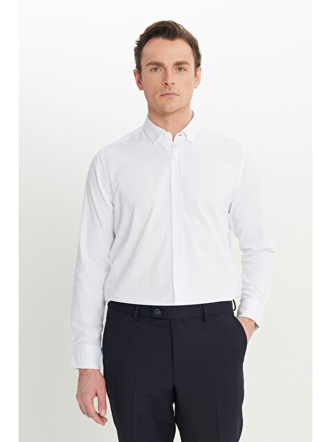 Altınyıldız Classics Erkek Beyaz Pamuklu Gabardin Dar Kesim Düğmeli Yaka Esnek Gömlek - S000513176-20063