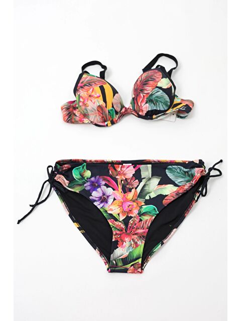 Hazelin Kadın Siyah Yaprak Desenli Askılı Yüksek Bel Toparlayıcı Bikini Takım HZL24S-LC22625 - S000233081-19351