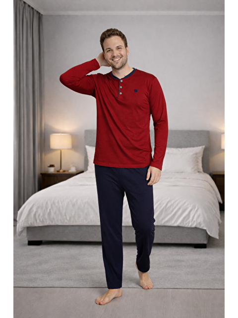 Formo Erkek %100 Doğal Pamuk Uzun Kollu Düğmeli Yüksek Kaliteli Battal Pijama Takımı