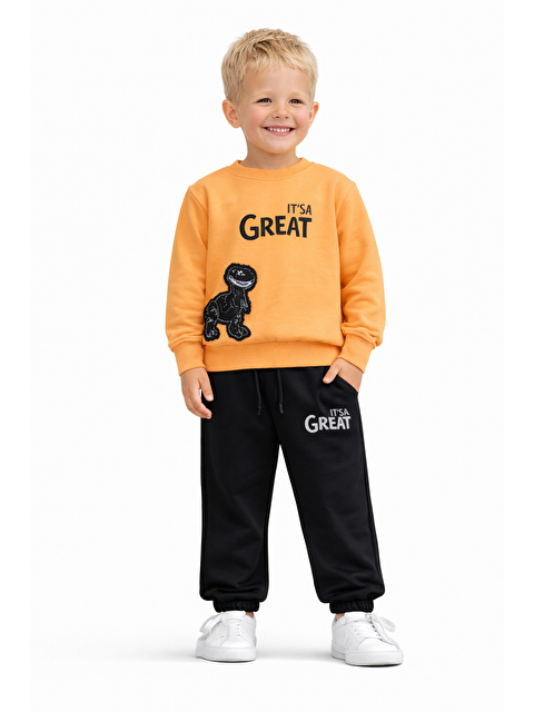 Zepkids Bisiklet Yaka Great Nakışlı Oranj Siyah Renk Erkek Çocuk Eşofman Takımı - S000497124-37466