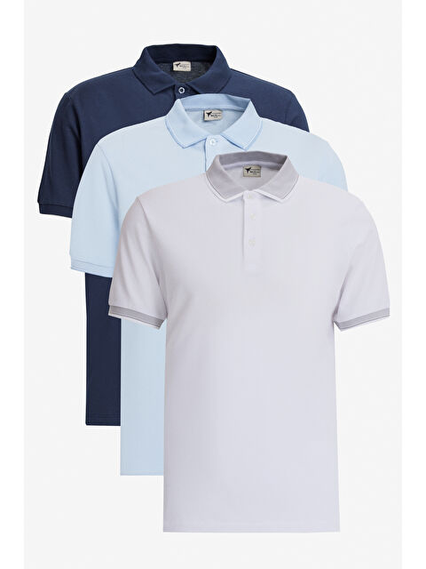 AC&Co / Altınyıldız Classics Erkek BEYAZ-LACIVERT-ACIK MAVI Slim Fit Dar Kesim 3 'lü Kıvrılmaz Polo Yaka Tişört