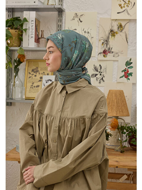 Fresh Scarfs Delıa Desen Pamuk İpek Eşarp Deniz Yeşili - S000458396-29488