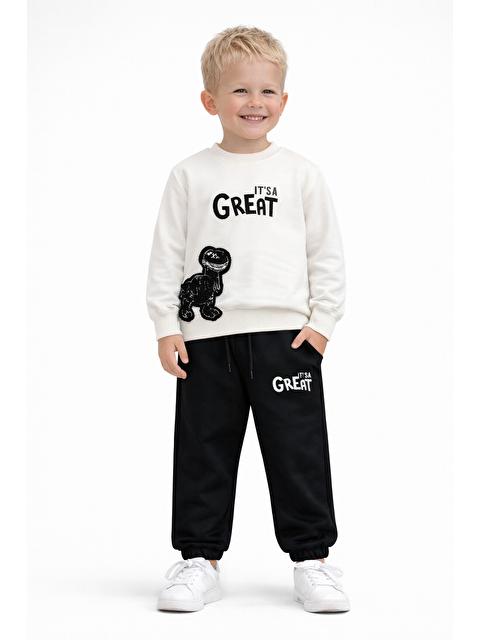 Zepkids Bisiklet Yaka Great Nakışlı Ekru Siyah Renk Erkek Çocuk Eşofman Takımı - S000497124-5406