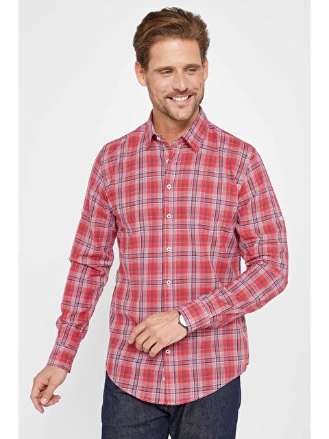 TUDORS Erkek Slim Fit Dar Kalıp Kareli Keten Doku Yazlık Gömlek