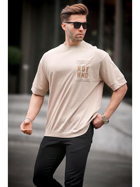 Madmext Bej Cep Detaylı Oversize %100 Pamuk Tişört 7008 - S000157976-19928