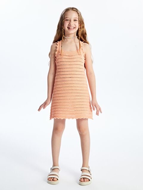 Dexia Buga - Örgü Detaylı Düz Askılı Triko Elbise - Şeftali Renk - S000176432-17605