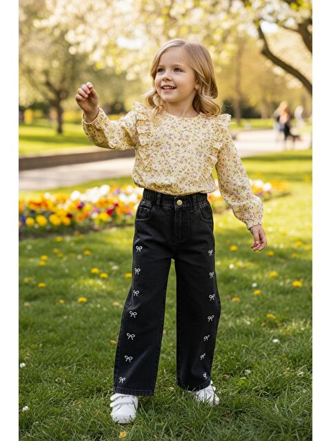 Fullamoda Beli Lastikli Fiyonk Nakışlı Kız Çocuk Pantolon - S000497129-29666