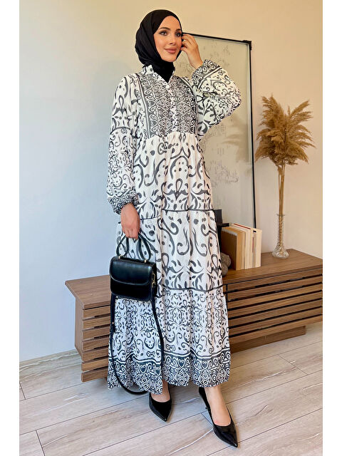 Julude Yarım Düğmeli Astarlı Desenli Şifon Elbise - S000179036-19966