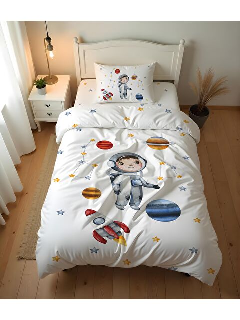 Evmila Astronot Desenli Çarşafsız 2'li Takım Baskılı Tek Kişilik Nevresim Takımı 160x220 cm - S000423677-20063