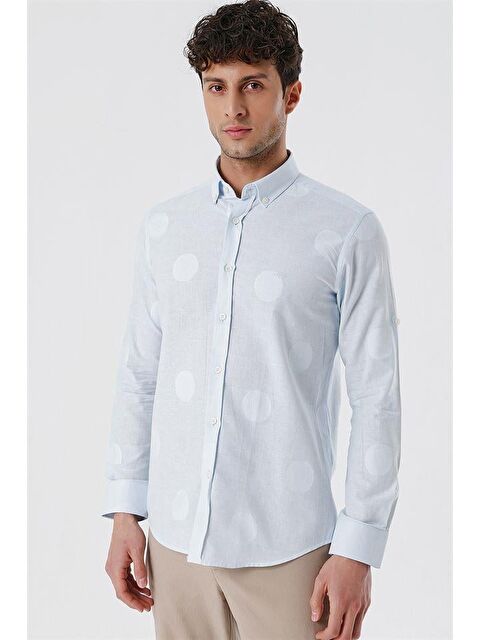 İMZA Koyu Mavi Kısalabilir Kollu Desenli Jakarlıcepsiz %100 Pamuk Casual Slim Fit Gömlek 1004230183 - S000348073-19393