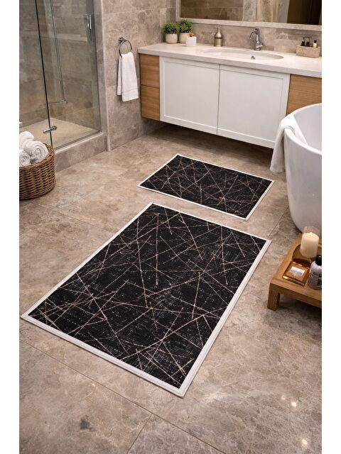 Mulberry Modern Çizgili Çerçeve Banyo Paspası Kaydırmaz Tabanlı Yumuşak 2’li Set