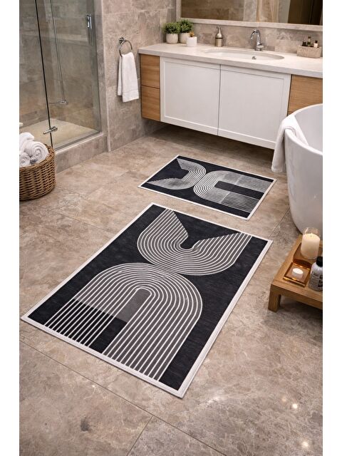 Mulberry Modern Çizgili Çerçeve Banyo Paspası Kaydırmaz Tabanlı Yumuşak 2’li Set