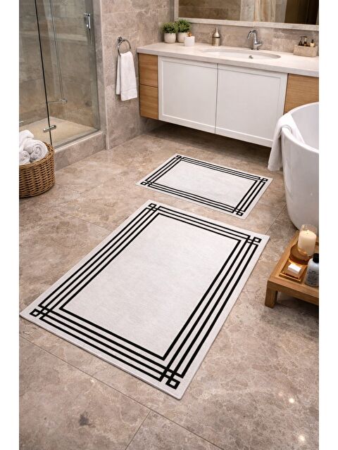 Mulberry Modern Çizgili Çerçeve Banyo Paspası Kaydırmaz Tabanlı Yumuşak 2’li Set