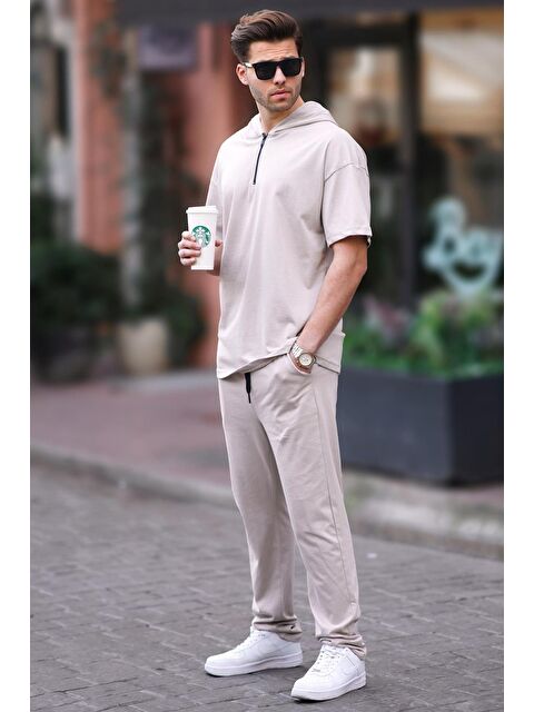 Madmext Bej Erkek Over Fit Kapüşonlu %100 Pamuk Eşofman Takımı 5944 - S000445049-19928