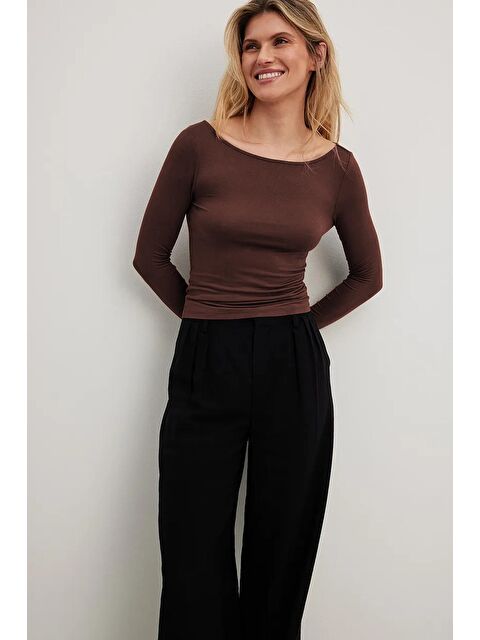 Madmext Kahverengi Kayık Yaka Basic Kadın Body Mg1997 - S000141998-19413