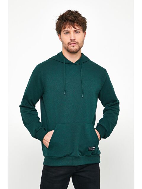 Mmetalic Koyu Yeşil  Kapüşonlu Kanguru Cepli Erkek Büyük Beden Hoodie - S000232152-18194