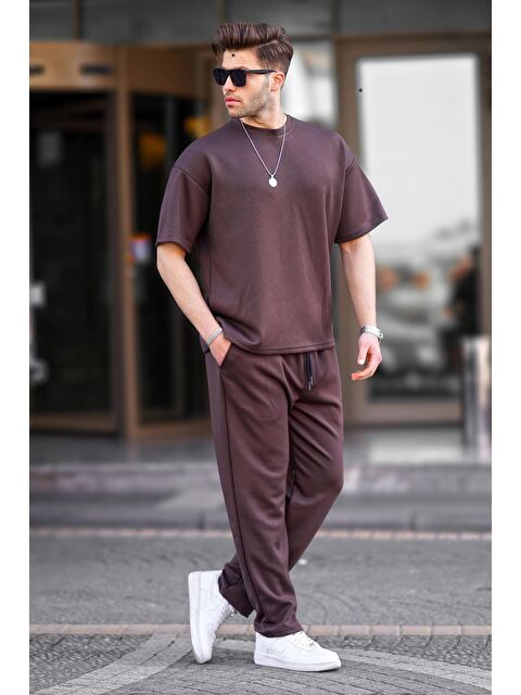 Madmext Kahverengi Oversize Kısa Kollu Eşofman Takımı 5954 - S000445050-19413
