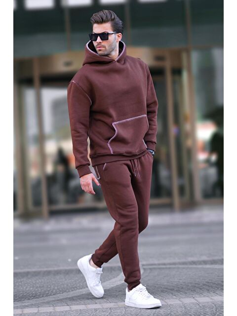 Madmext Acı Kahverengi Erkek Kapüşonlu Paçası Lastikli Eşofman Takımı 7045