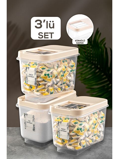 Meleni Home 3 lü Mega Boy 10 Lt Kayar Kapaklı Deterjan Saklama Kabı   Tablet Deterjan Saklama Kutusu Krem - S000387350-19966