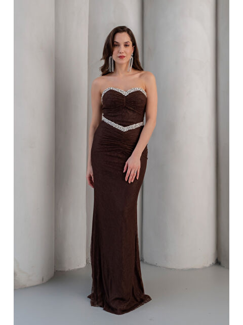 Lafaba Kadın Kahverengi Straplez Yaka Dantel Detay Taşlı Uzun Abiye Elbise