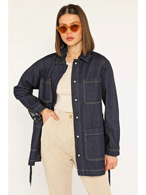 Gülseli Bel Kuşaklı Cep Detaylı Kadın Jean Ceket - S000368418-21164