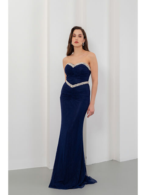 Lafaba Kadın Lacivert Straplez Yaka Dantel Detay Taşlı Uzun Abiye Elbise